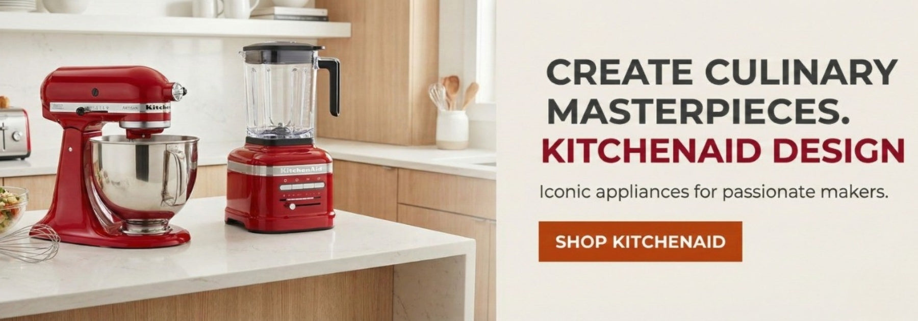 Red KitchenAid stand mixer and blender on a kitchen counter with promotional text.