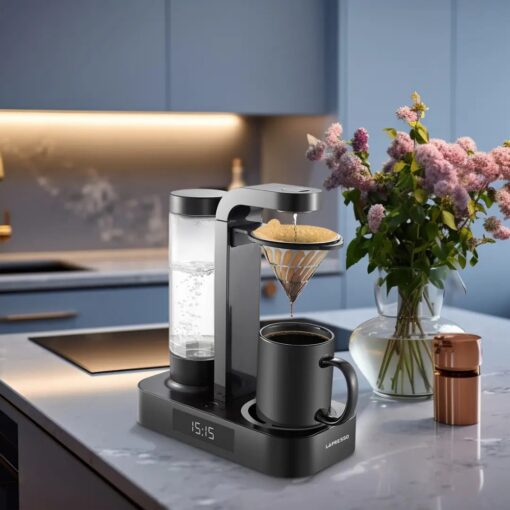 Coffee maker on a kitchen counter with a vase of flowers in the background