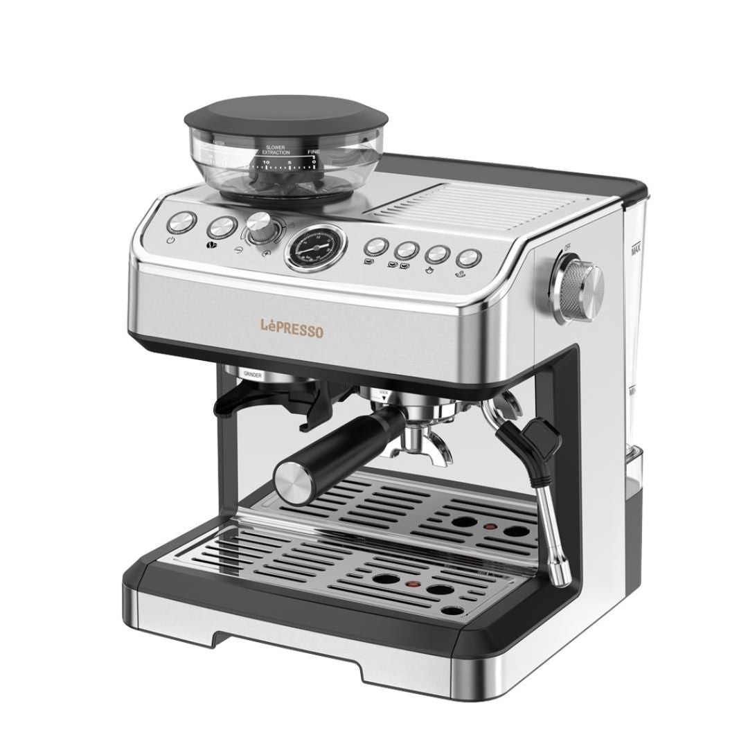 Lepresso Espresso Machine with Conical Grinder & Steamer – Silver
