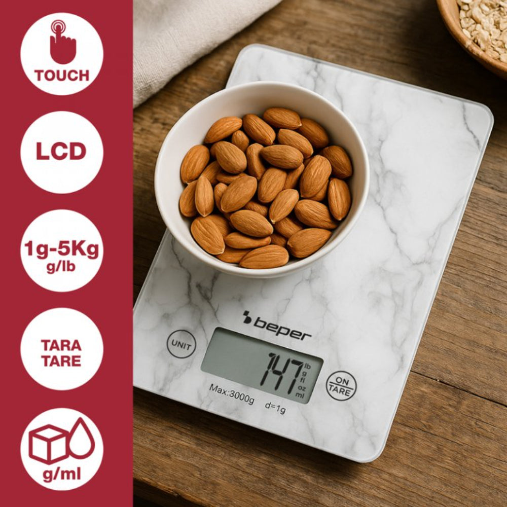 Beper Digital Kitchen Scales Tempered Glass Top Tare Function Lcd Touch