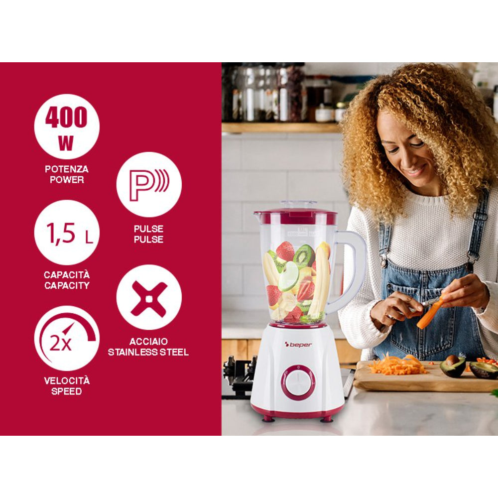 Beper Blender 1.5L Plastic, 4 Stainless Steel Blades, 2 Speeds, And Pulse