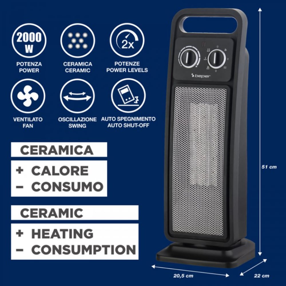 Beper Ceramic Tower Fan Heater 2000W, 2 Power Settings, Safe With Auto