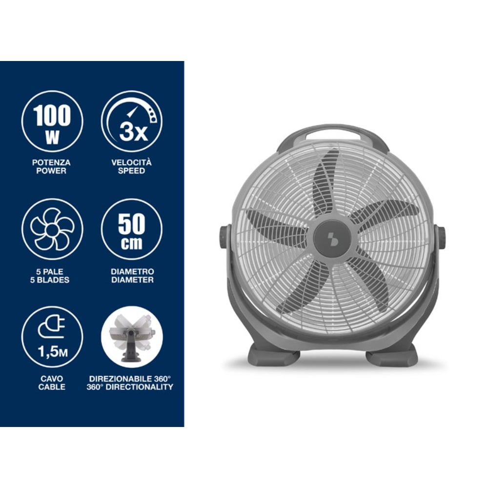 Beper Adjustable Box Fan, 100W Power, 5 Large Blades, 3 Speeds, Grey