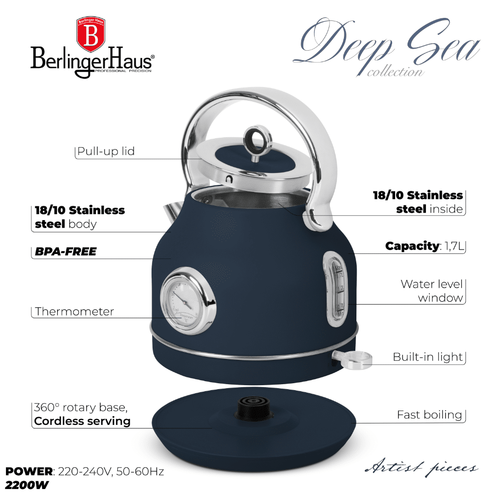 Berlinger Haus Electric Kettle 1.7L 2200W Built-In Thermometer Deep Sea
