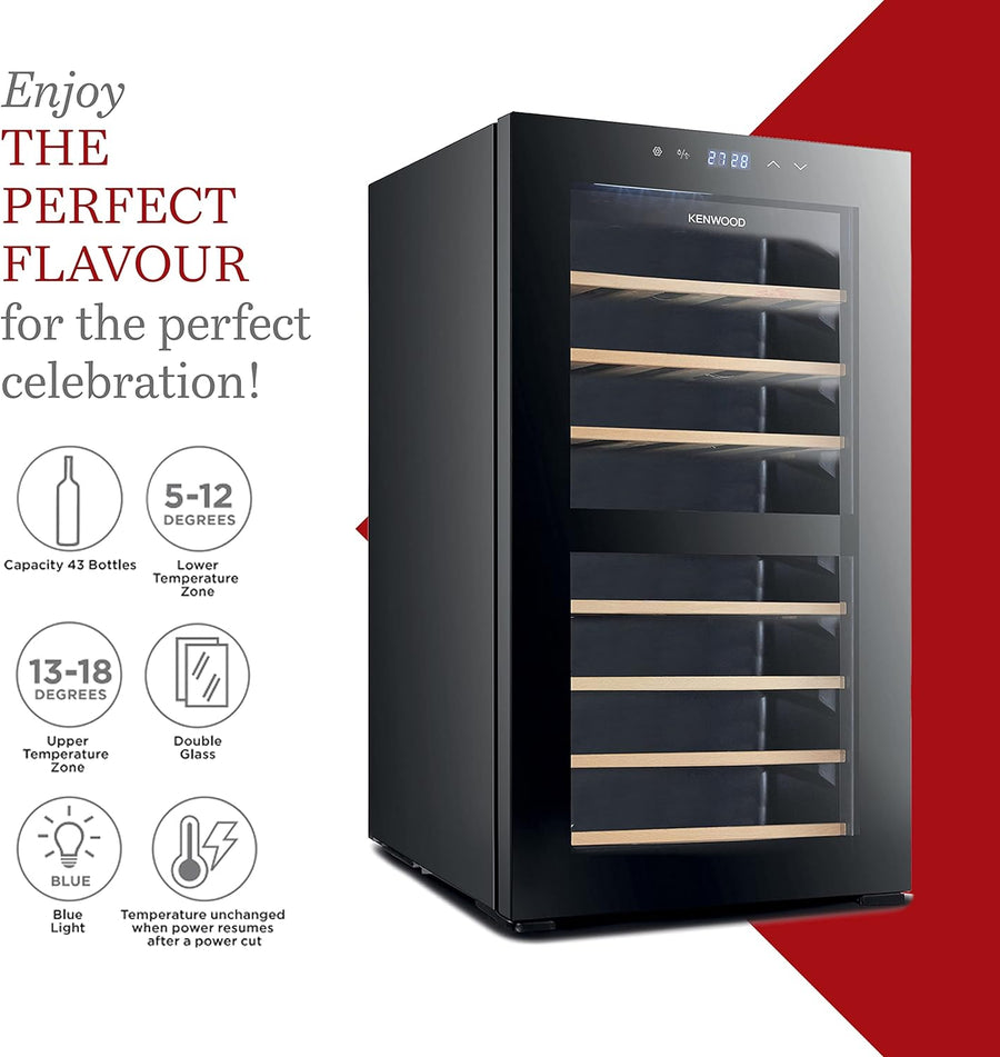 Kenwood Wine Cooler BCW43.000BK 43 Bottle Dual Zone Compressor Wooden Shelves