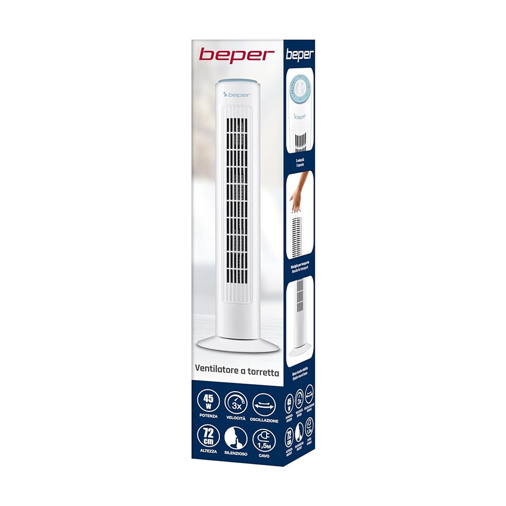 Beper Tower Fan 45 W, Quiet Fan, Height 72 cm, Automatic Oscillation, White