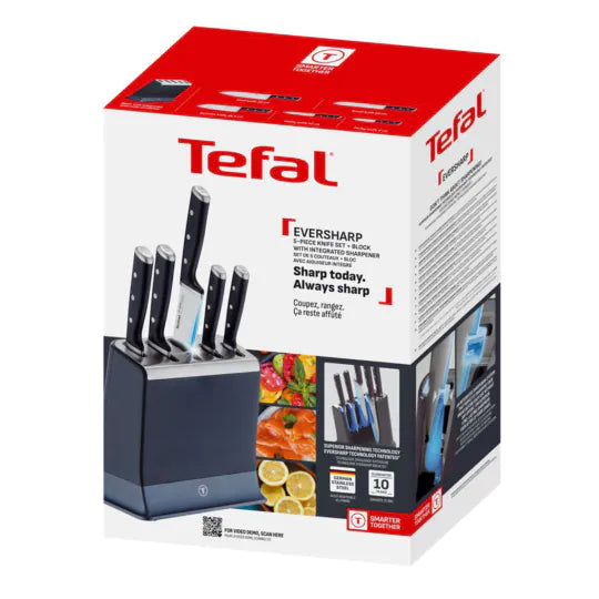 Tefal EverSharp Pro 5-Piece Knife Block Set - Self-Sharpening Stainless Steel - Midnight Blue
