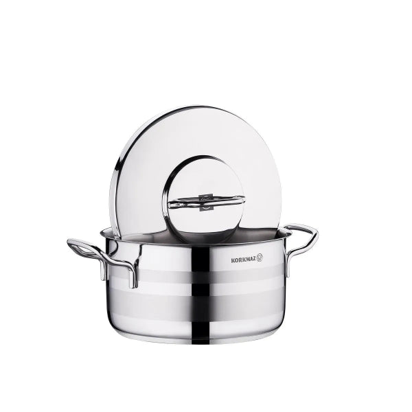 Korkmaz Astra2 Pot made of stainless steel with a flat lid, two handles, and a solar base for heat transfer.